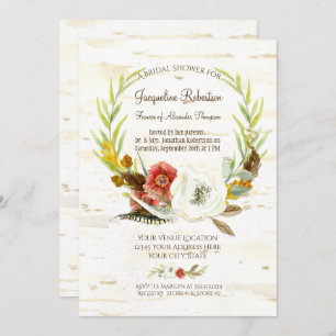 Invitación Bridal Shower Rustic Wreath Boho Feather Birch