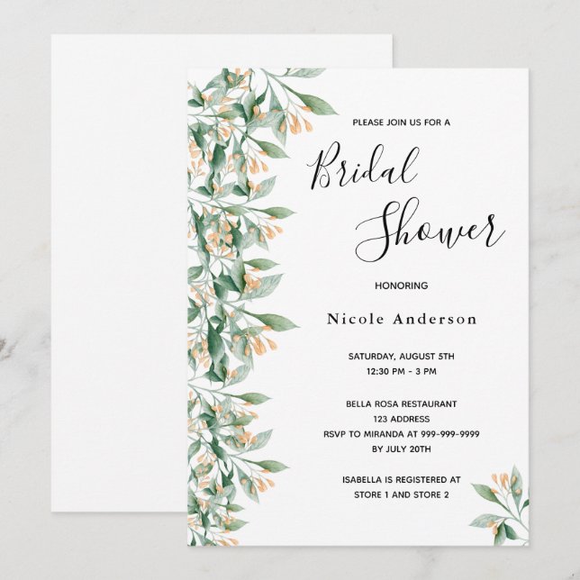 Invitación Bridal Shower sabio verde dorado botánico blanco (Anverso / Reverso)