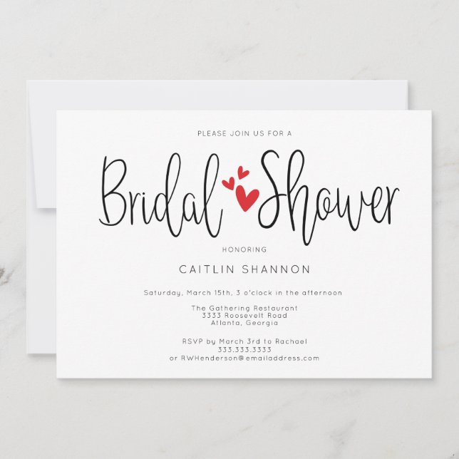 Invitación Bridal Shower Sencillos Corazones Rojos (Anverso)