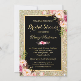 Invitación Bridal Shower Shiny Gold Sparkles Floral