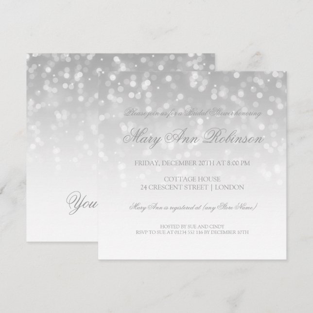 Invitación Bridal Shower Silver Bokele Sparkle Luces (Anverso / Reverso)