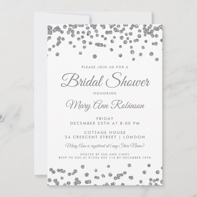 Invitación Bridal Shower Silver Faux Purpurina Confetti White (Anverso)