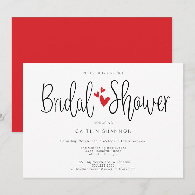 Invitación Bridal Shower Simple Red Hearts Caligrafía (Anverso / Reverso)