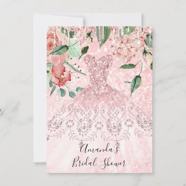 Invitación Bridal Shower Spark Rosa Rosa Vestido Purpurina (Reverso)