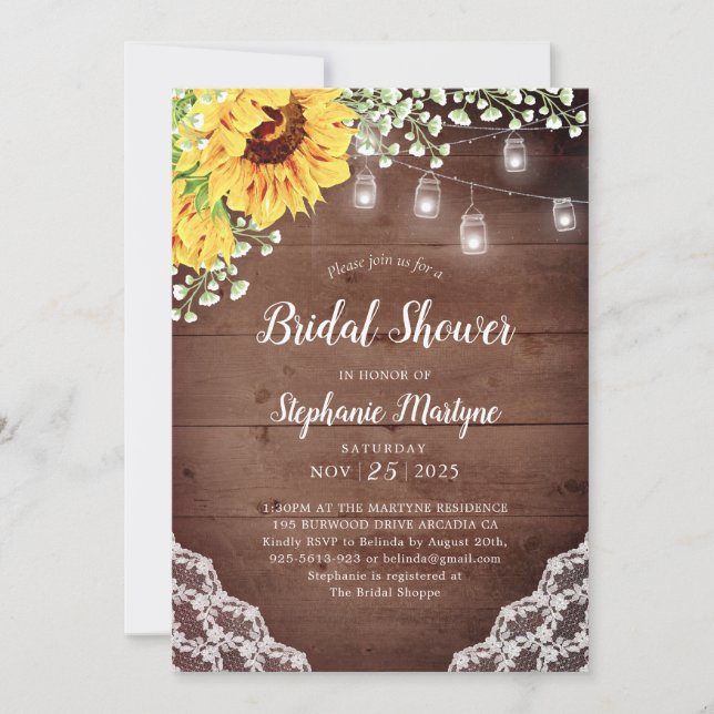 Invitación Bridal Shower Sunflower Lace MasonJar Luces (Anverso)