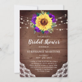 Invitación Bridal Shower Sunflower Lace Morado Floral Rustico