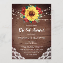 Invitación Bridal Shower Sunflower Lace Rojo Floral Rustico