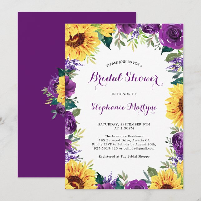 Invitación Bridal Shower Sunflower Purple Floral Border (Anverso / Reverso)