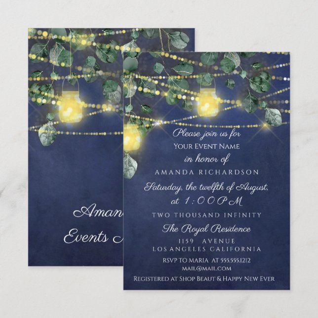 Invitación Bridal Shower Sweet 16 Blue Navy Jars Light (Anverso / Reverso)