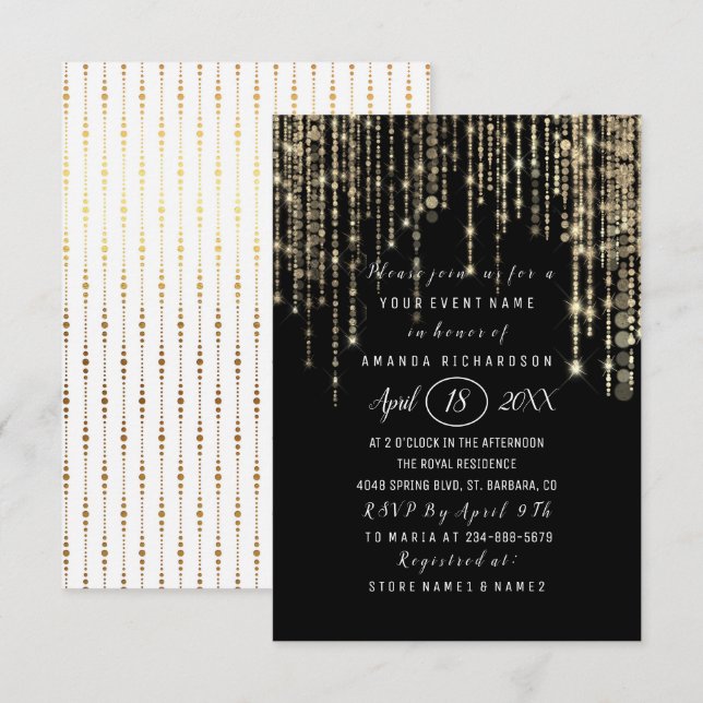 Invitación Bridal Shower Sweet 16th Black White Gold Stripes (Anverso / Reverso)