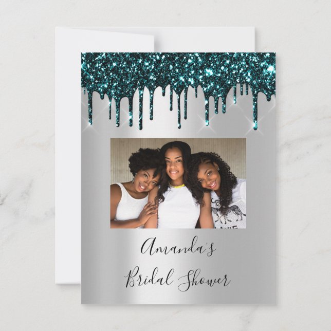 Invitación Bridal Shower Sweet 16th Drips Silver Foto Verde a (Reverso)