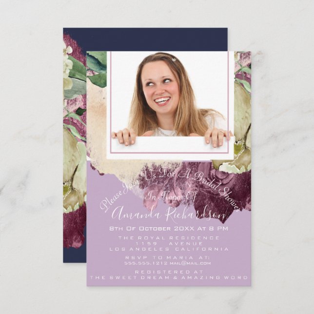 Invitación Bridal Shower Sweet 16th foto Marina morada Floral (Anverso / Reverso)