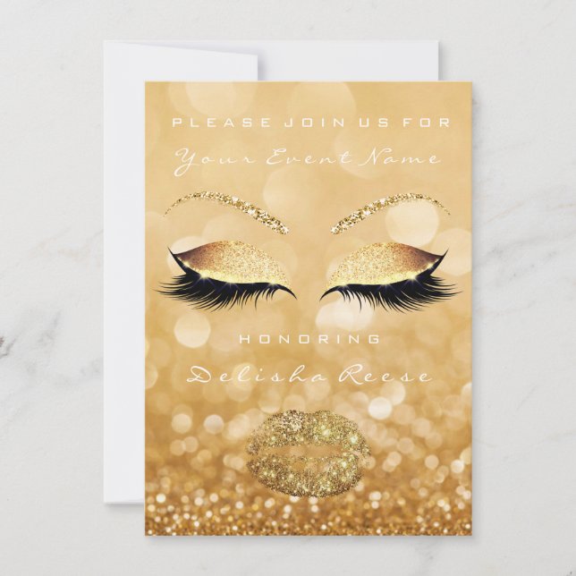 Invitación Bridal Shower Sweet 16th Gold Sparkly Purpurina (Anverso)