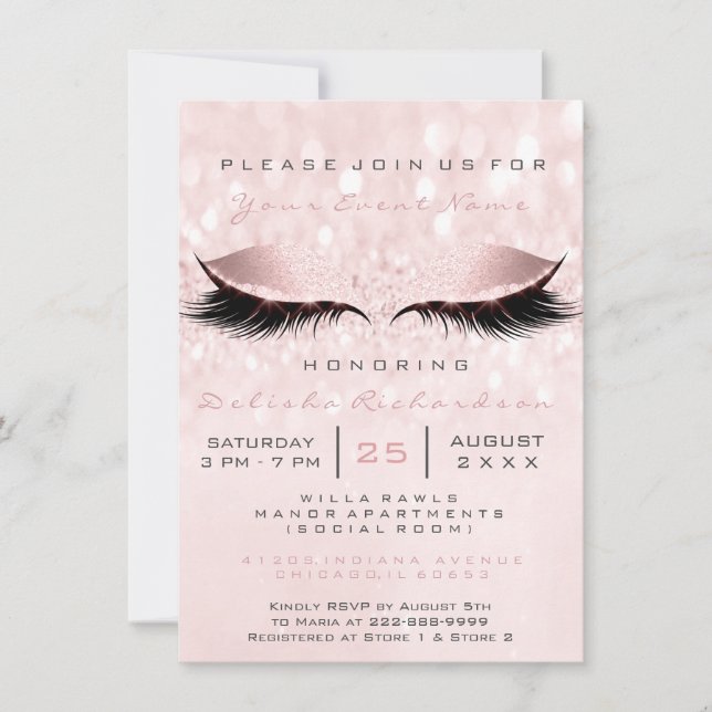 Invitación Bridal Shower Sweet 16th Maquillaje Ojo Rosa Gris (Anverso)