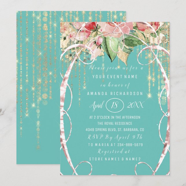 Invitación Bridal Shower Sweet 16th Pink Rose Florals Aqua (Anverso / Reverso)