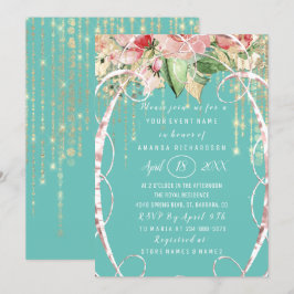 Invitación Bridal Shower Sweet 16th Pink Rose Florals Aqua