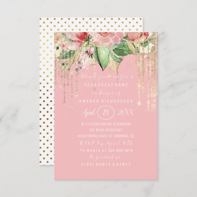 Invitación Bridal Shower Sweet 16th Pink Rose Gold Dots Spark (Anverso / Reverso)