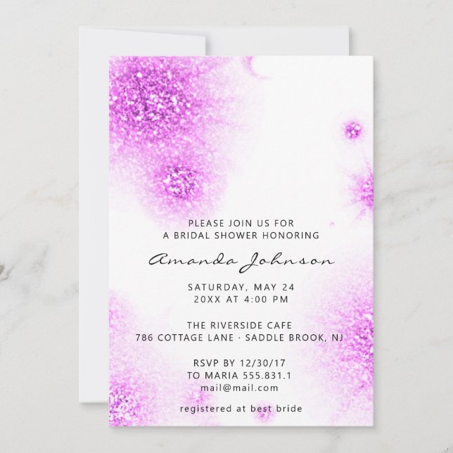 Invitación Bridal Shower Sweet 16th Purpurina White Abstra (Anverso)