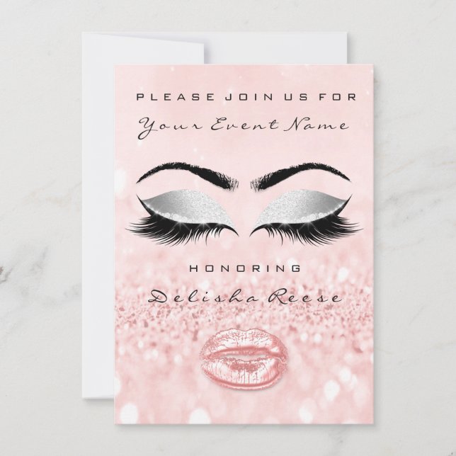 Invitación Bridal Shower Sweet 16th Rosa Kiss Purpurina Rubor (Anverso)