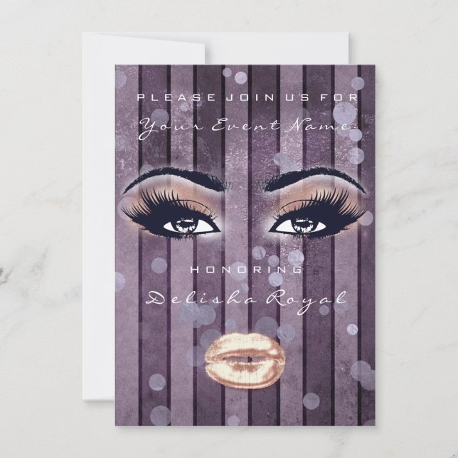 Invitación Bridal Shower Sweet 16th Rosa Ojos Purpurina Púrpu (Anverso)