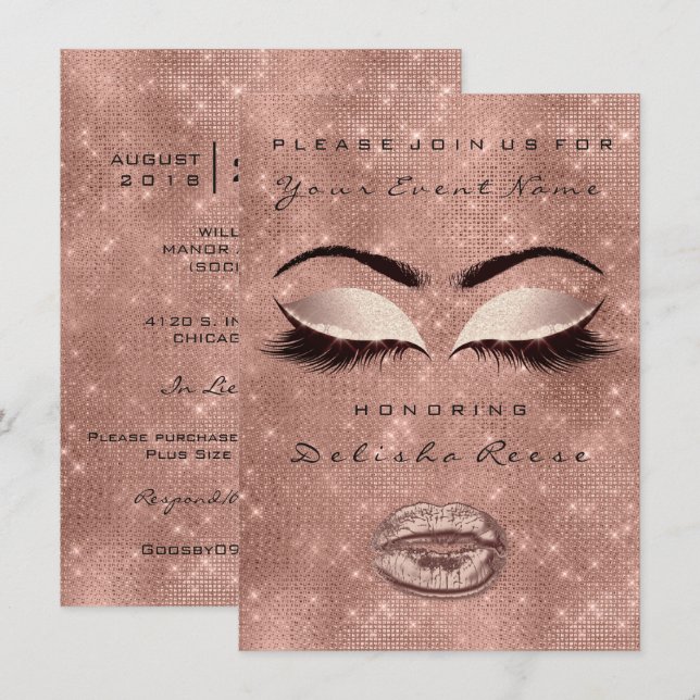 Invitación Bridal Shower Sweet 16th Rosa Purpurina de oro Rub (Anverso / Reverso)