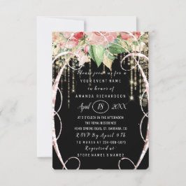 Invitación Bridal Shower Sweet 16th Roses rosados Rubor Black
