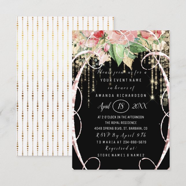 Invitación Bridal Shower Sweet 16th Roses rosados Rubor Black (Anverso / Reverso)
