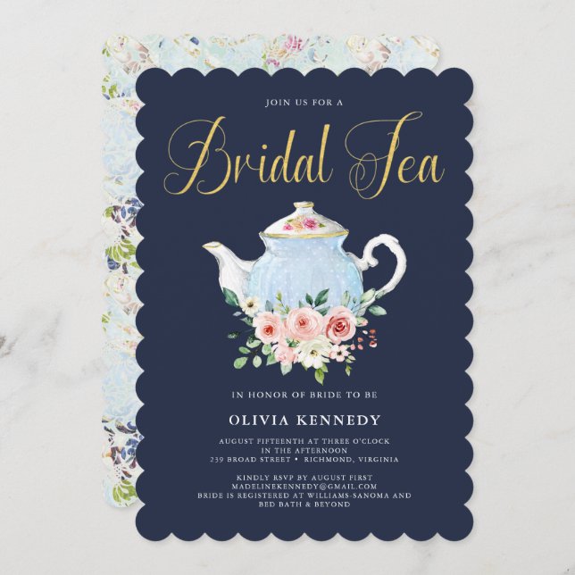 Invitación Bridal Shower Tea Elegante Rubor Floral Gold (Anverso / Reverso)
