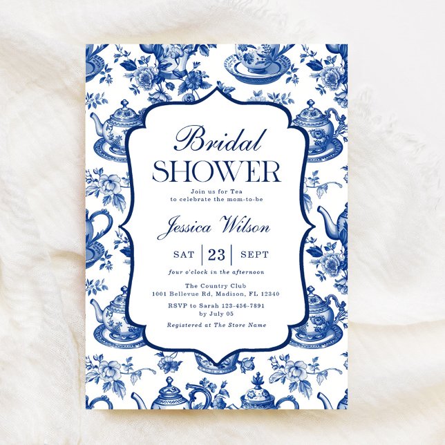 Invitación Bridal Shower Tea Fiesta Blue White Chinoiserie (Subido por el creador)