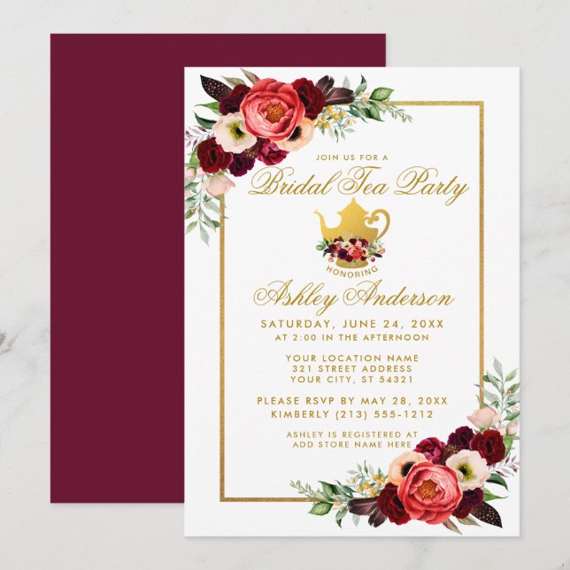 Invitación Bridal Shower Tea Fiesta Burgundy Boho Floral Gold (Anverso / Reverso)