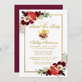 Invitación Bridal Shower Tea Fiesta Burgundy Boho Floral Gold