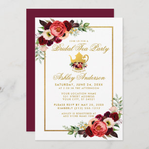 Invitación Bridal Shower Tea Fiesta Burgundy Boho Floral Gold