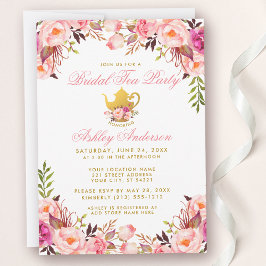 Invitación Bridal Shower Tea Fiesta Gold Floral rosa