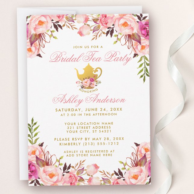 Invitación Bridal Shower Tea Fiesta Gold Floral rosa (Customize to change text color or text style.)