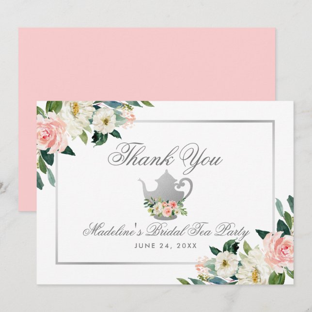 Invitación Bridal Shower Tea Fiesta Gracias Plata Floral Rosa (Anverso / Reverso)