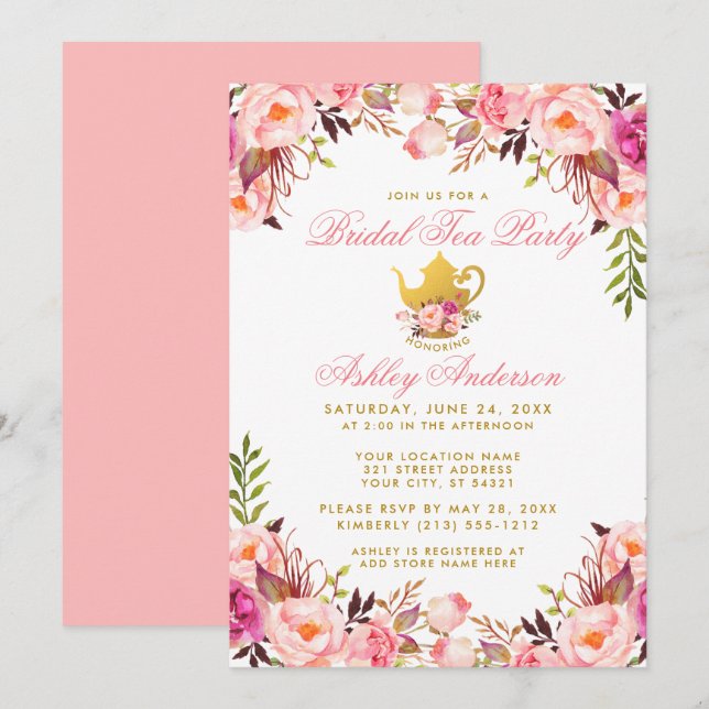 Invitación Bridal Shower Tea Fiesta Oro Floral Rosa (Anverso / Reverso)