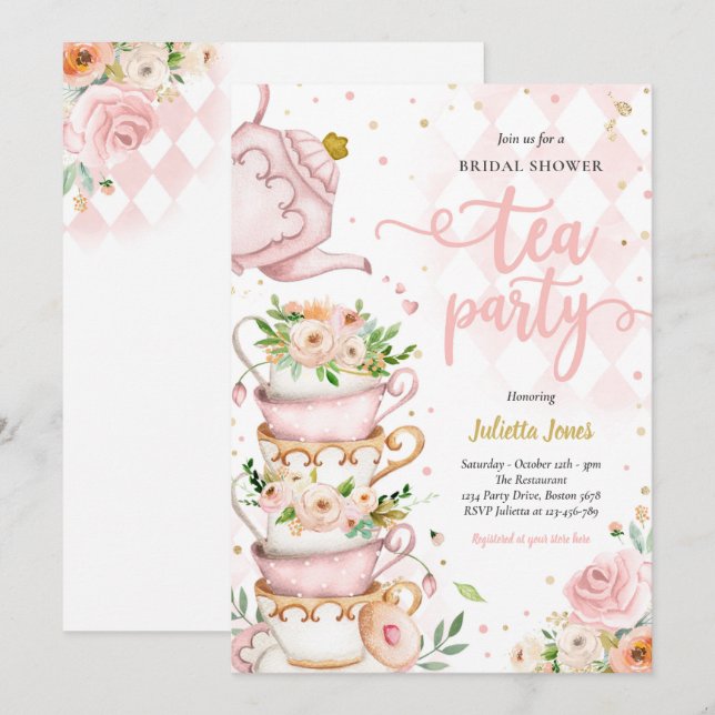 Invitación Bridal Shower Tea Fiesta Rubor Floral Rosa Y Oro (Anverso / Reverso)