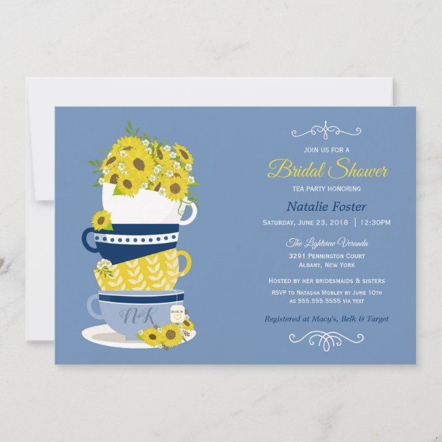 Invitación Bridal Shower Tea Fiesta Sunflowers | Azul y Amari (Anverso)