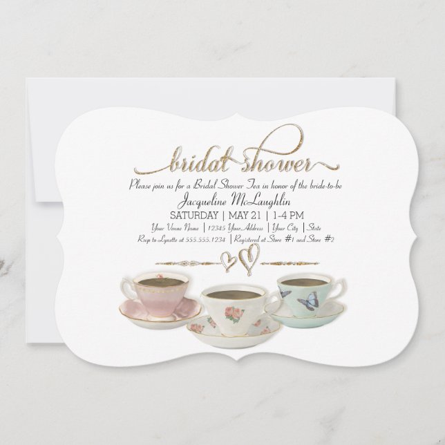 Invitación Bridal Shower Tea Fiesta Teacup Purpurina de oro m (Anverso)