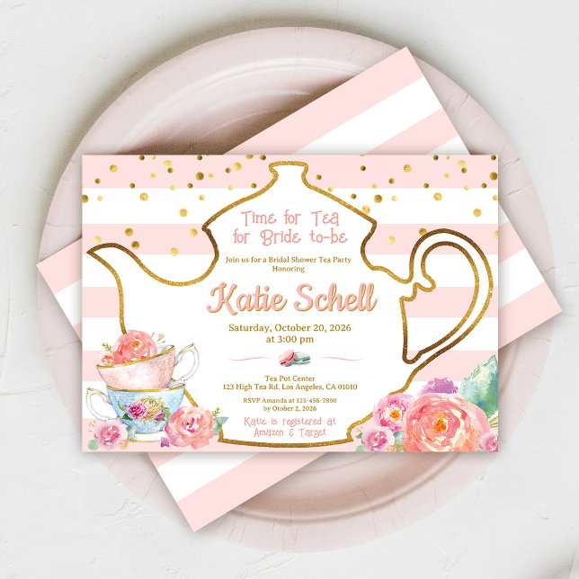 Invitación Bridal Shower Tea Party Pink And Gold Floral (Subido por el creador)