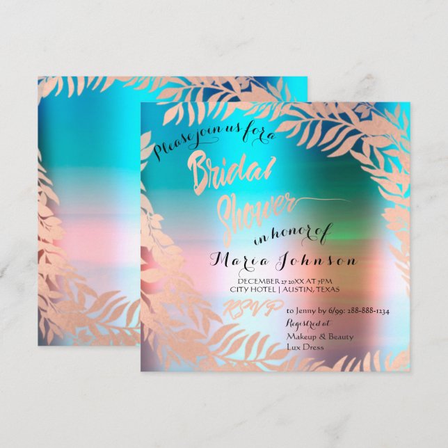 Invitación Bridal Shower Tropical Ocean Ombre Rosa Oro (Anverso / Reverso)