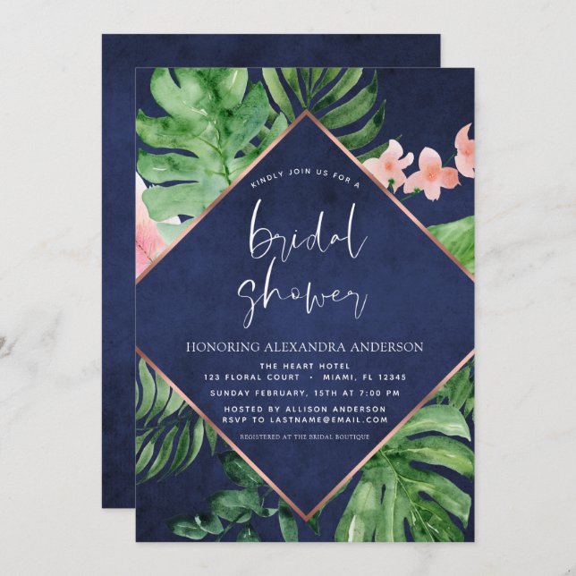 Invitación Bridal Shower Tropical Palm Naval Azul (Anverso / Reverso)