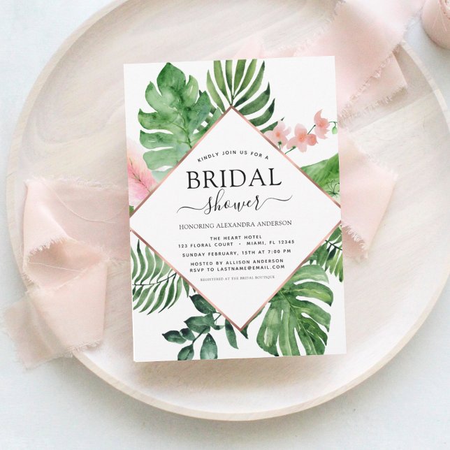 Invitación Bridal Shower Tropical Palm Watercolor Geométrico (Subido por el creador)