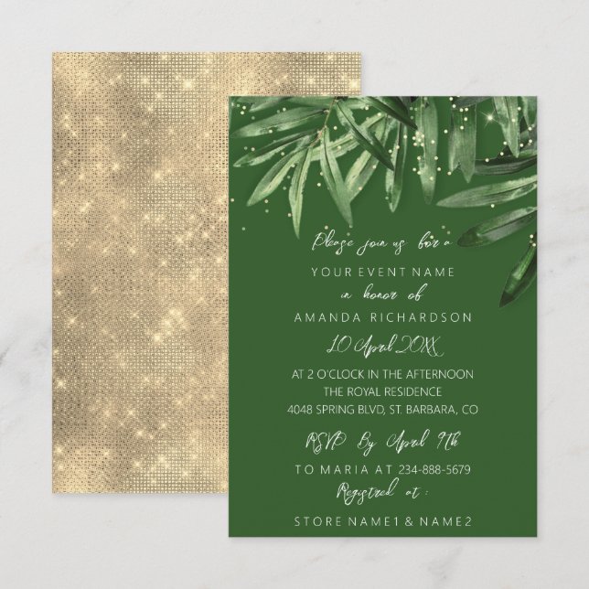 Invitación Bridal Shower Tropical Sage Green Gold Elegante (Anverso / Reverso)