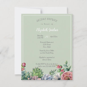 Invitación Bridal Shower Watercolo Azul Rosa Suculento Verde