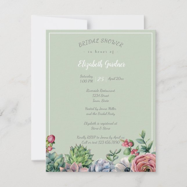 Invitación Bridal Shower Watercolo Azul Rosa Suculento Verde (Anverso)