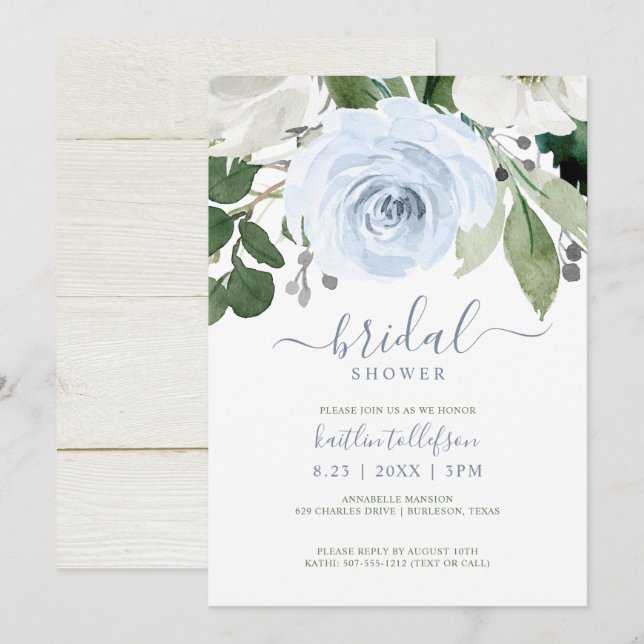 Invitación Bridal Shower Watercolor Bouquet Dusty Azul (Anverso / Reverso)