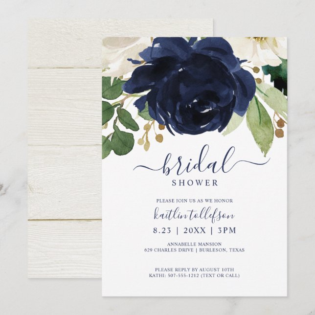 Invitación Bridal Shower Watercolor Bouquet Navy azul (Anverso / Reverso)