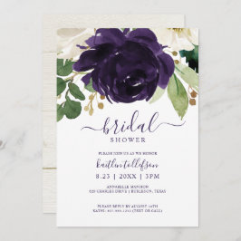 Invitación Bridal Shower Watercolor Bouquet Pluma púrpura