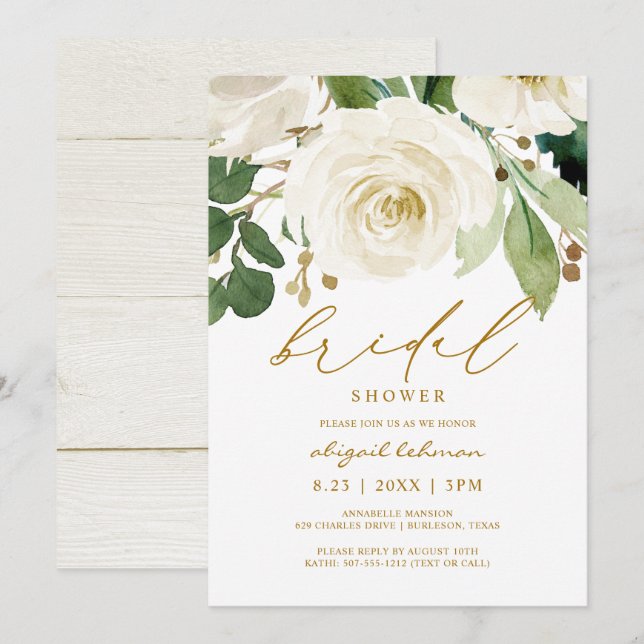 Invitación Bridal Shower Watercolor Floral Verde Blanco 2 (Anverso / Reverso)